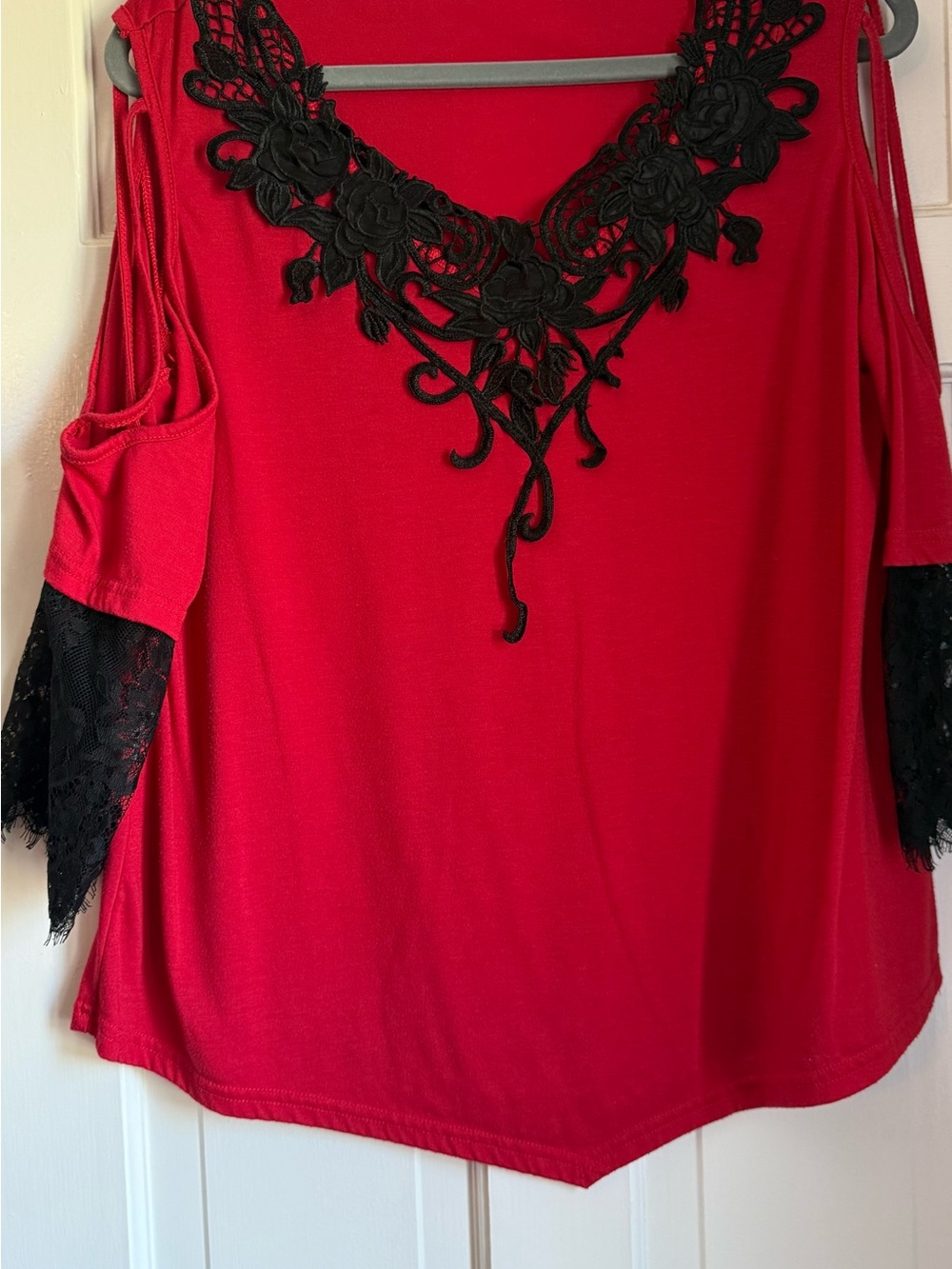 Amazon Red Cold-Shoulder Tunic with Black Lace Applique
